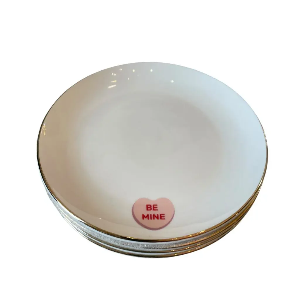 Medici Valentine Conversation Heart Appetizer Plates 6in Ceramic Set of 4 NEW